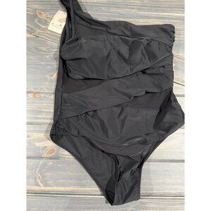 One-Shoulder Black Swimsuit With Mesh Detail By Runtlly - Size XXL